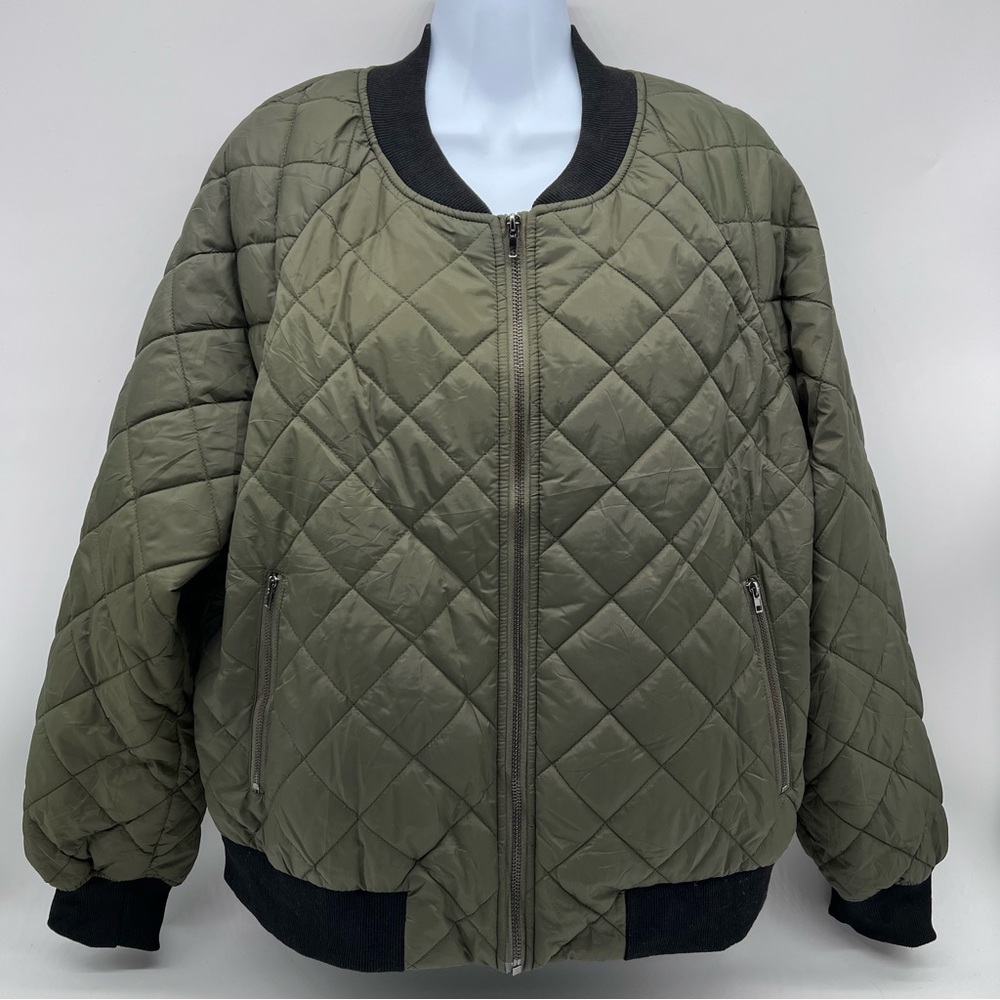 Zeagoo Women’s Green Khaki Quilted Bomber Jacket Black Bibbed neck Trim/Cuffs-L